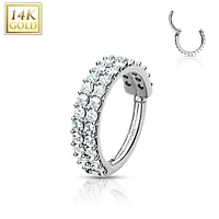 14KT Solid White Gold 2 Row White CZ Ear Cartilage Hinged Clicker Hoop
