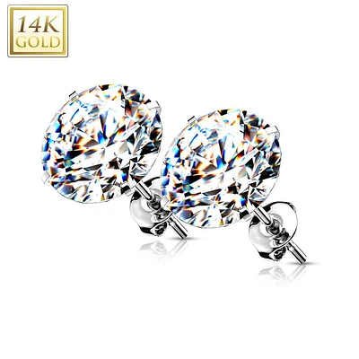 Pair of 14KT Solid White Gold Circle Round White CZ Gem Stud Earrings