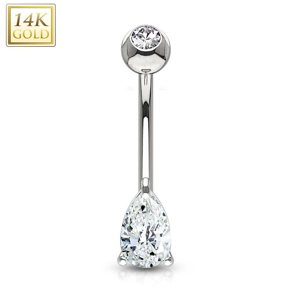 14KT Solid White Gold Tear Drop White CZ Belly Ring
