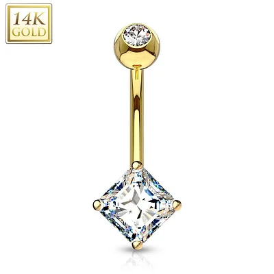 14KT Yellow Gold White Princess Cut Prong CZ Belly Button Ring