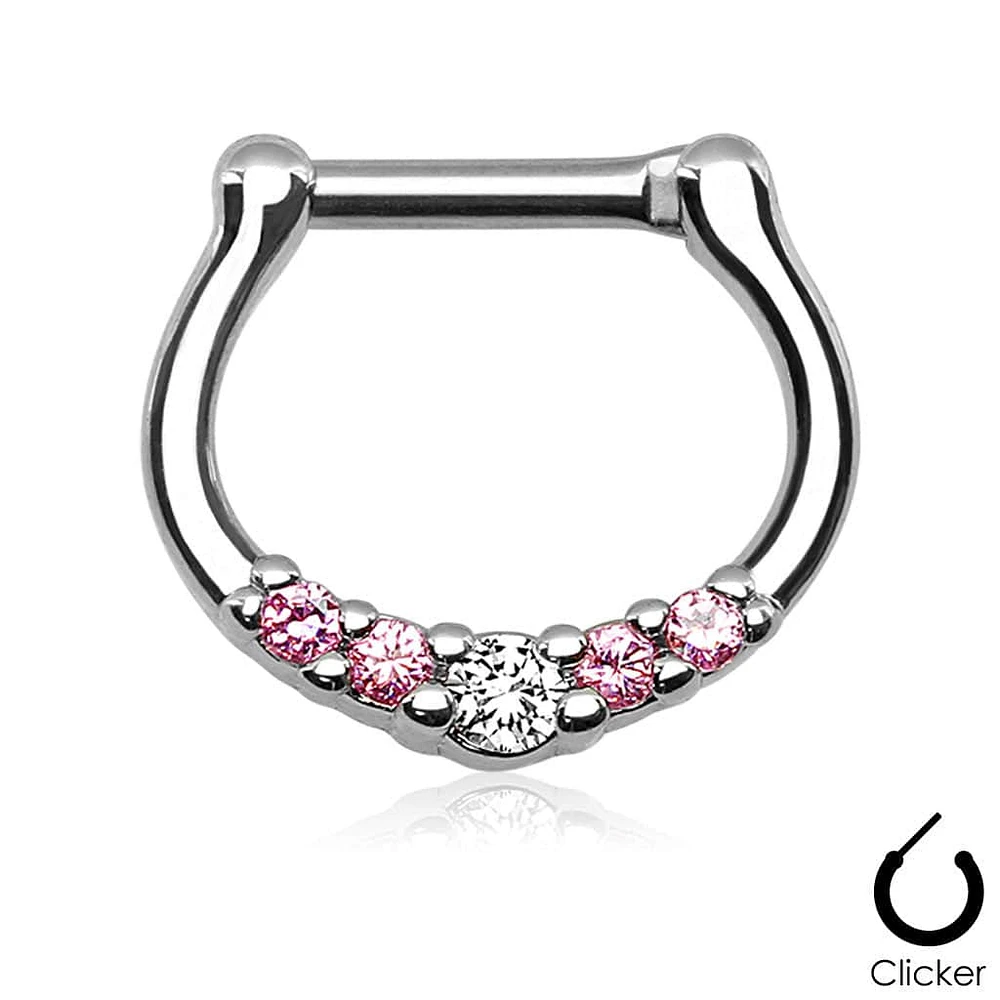 16ga Small White and Pink 5 Prong Set CZ Septum Ring 316L Surgical Steel Bar Clicker