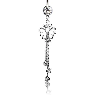 316L Surgical Steel Angel with Chain CZ Dangle Belly Ring