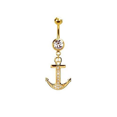 316L Surgical Steel Gold PVD CZ Anchor Dangle Belly Ring