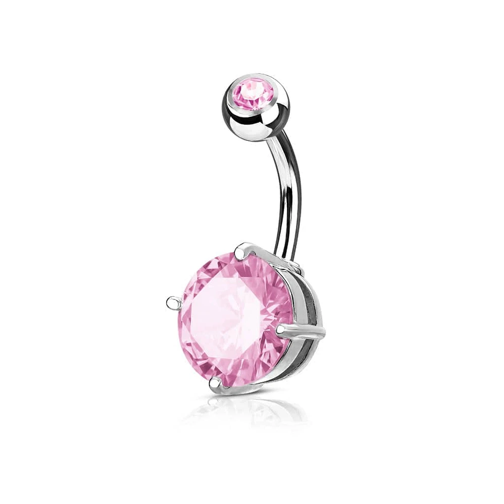 316L Surgical Steel Prong Pink CZ Classic Belly Button Ring
