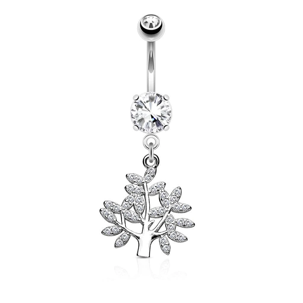316L Surgical Steel Tree Of Life White CZ Dangle Belly Ring