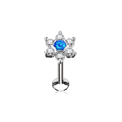 316L Surgical Steel White CZ with Blue Opal Flower Labret