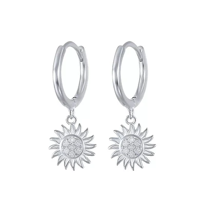 Pair of 925 Sterling Silver White CZ Gem Large Sun Dangle Minimal Hoop Earrings