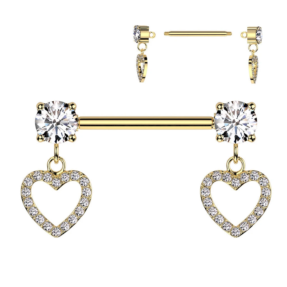 316L Surgical Steel Gold PVD White CZ Heart Outline Dangle Nipple Ring Straight Barbell