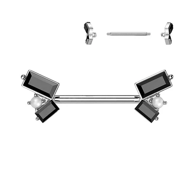 316L Surgical Steel Black CZ Baguette Pearl Cluster Nipple Ring