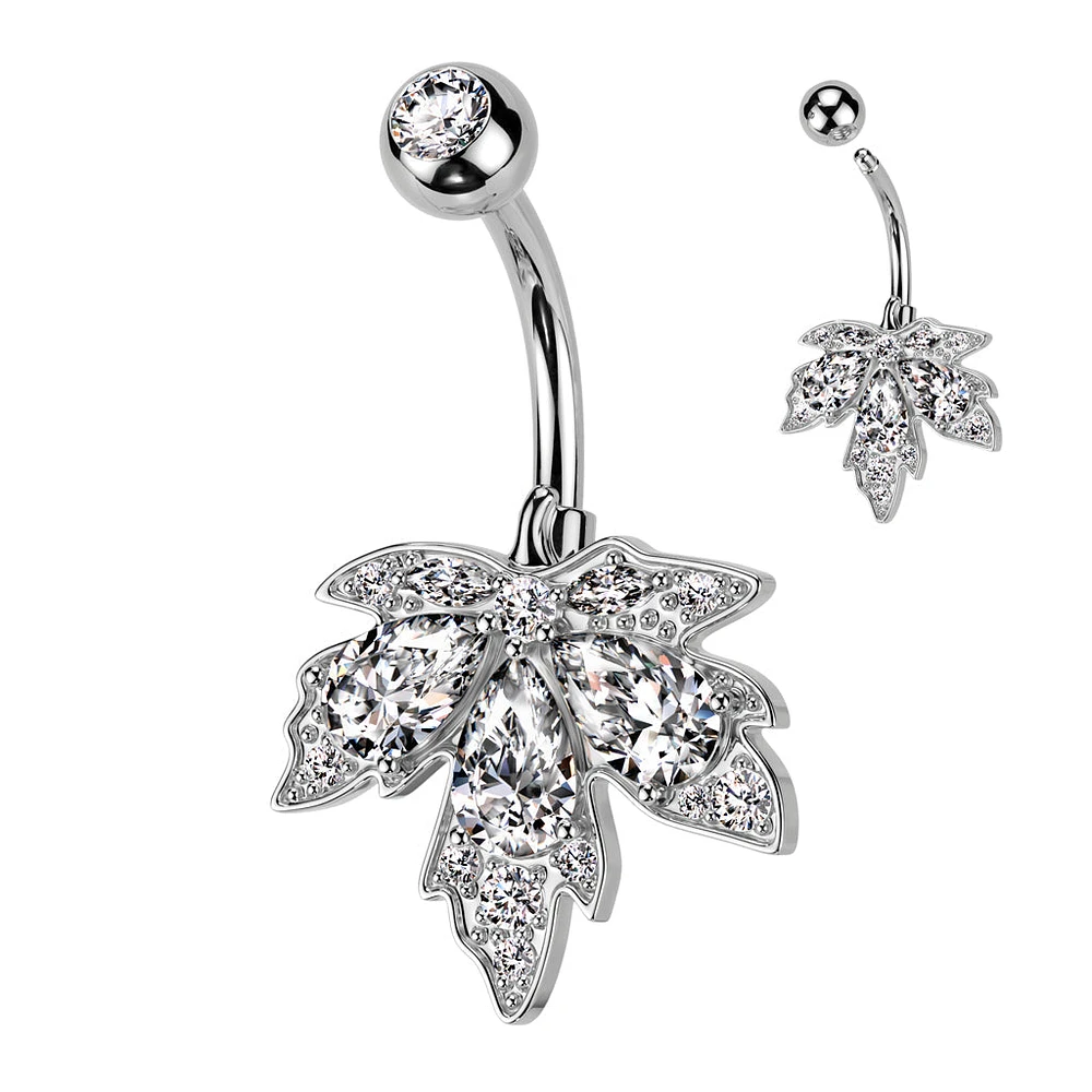 316L Surgical Steel CZ Multi-Gem Large Leaf Design Belly Ring