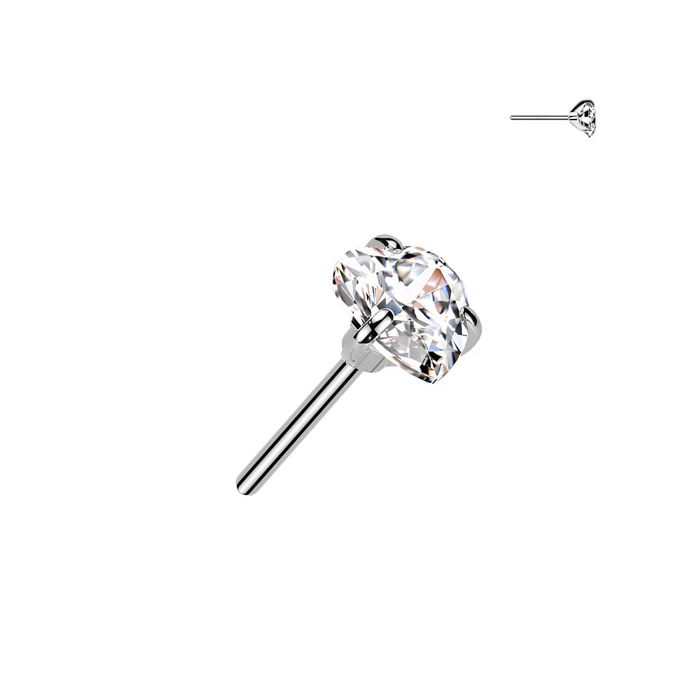 Implant Grade Titanium Threadless White CZ Heart Shaped Gem Push In Labret With Flat Back