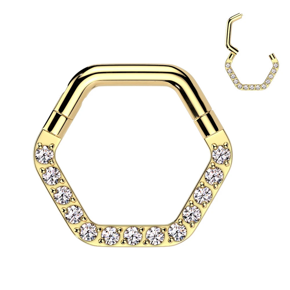 316L Surgical Steel Gold PVD White CZ Pave Hexagon Helix Hinged Clicker Hoop