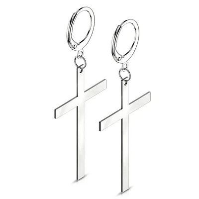 Pair 316L Surgical Steel Large Dangling Cross Earring Hoops