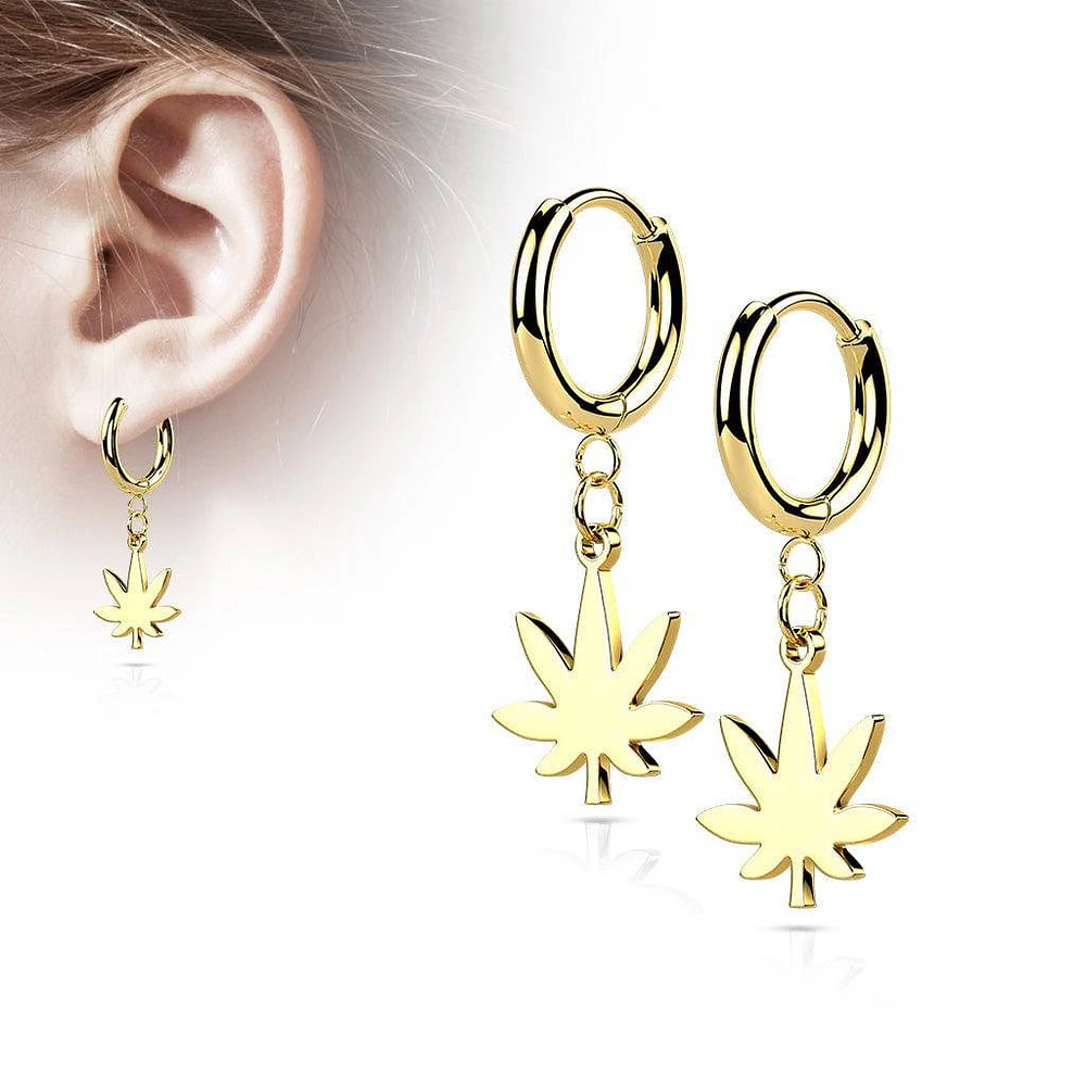 Pair Of 316L Surgical Steel Gold PVD Thin Hoop Earrings With Dangling Weed Leaf