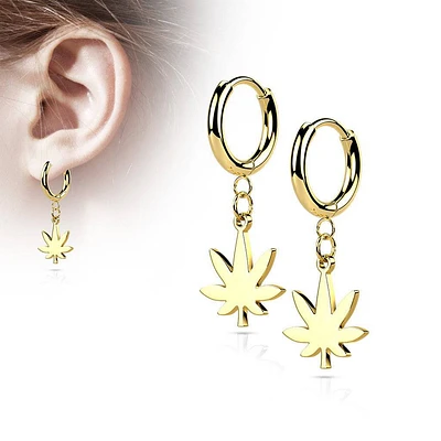 Pair Of 316L Surgical Steel Gold PVD Thin Hoop Earrings With Dangling Weed Leaf