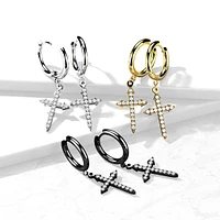 Pair Of 316L Surgical Steel Gold PVD White CZ Celtic Cross Dangle Hoop Earrings
