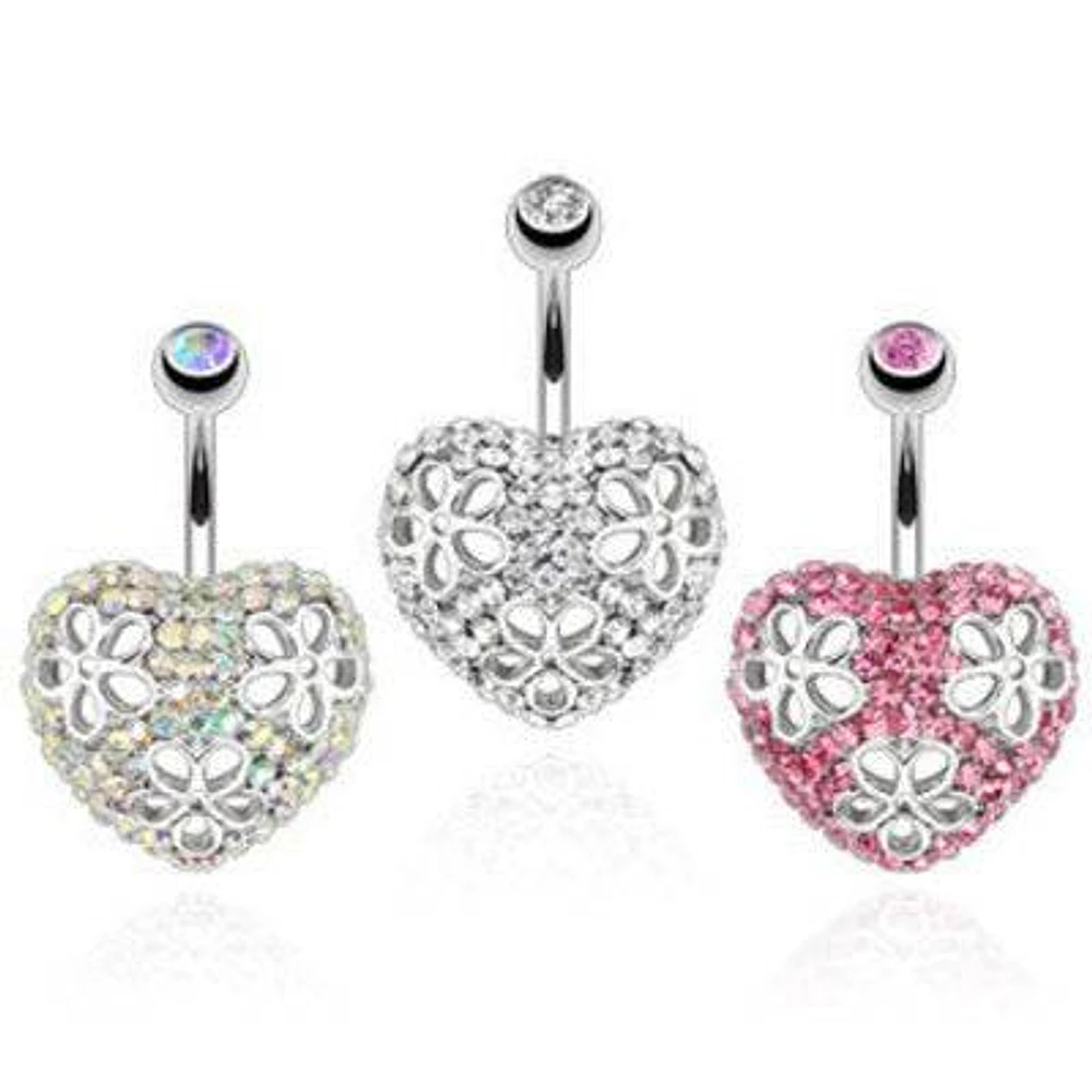 Surgical Steel Pave Floral Heart CZ Gem Belly Button Navel Ring