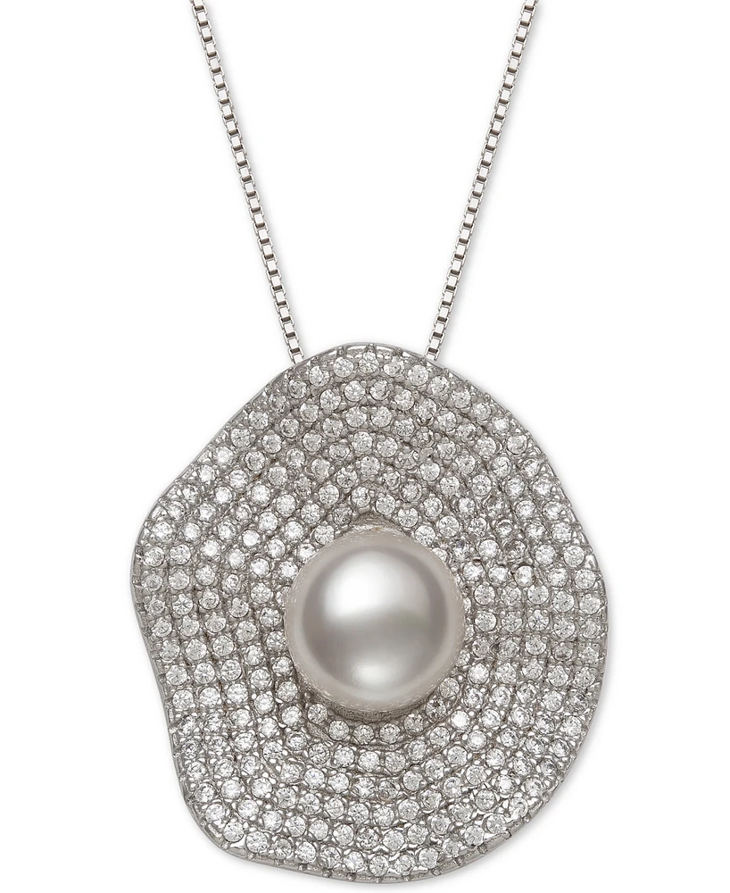 Belle de Mer Cultured Freshwater Pearl (8mm) & Cubic Zirconia 18" Pendant Necklace in Sterling Silver