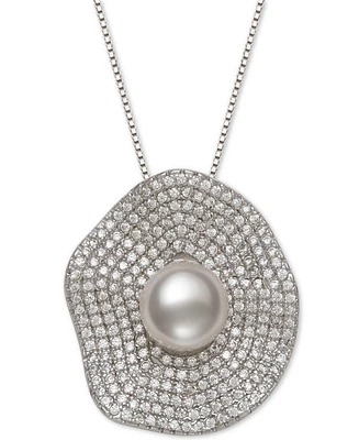 Belle de Mer Cultured Freshwater Pearl (8mm) & Cubic Zirconia 18" Pendant Necklace in Sterling Silver