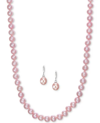 Cultured Freshwater Pearl Necklace (7-7 1/2mm) and Drop Earrings (7x9mm) Set Sterling Silver