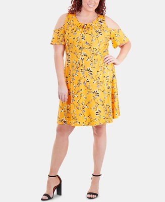 Ny Collection Plus Size Pleated-Neck Cold-Shoulder Dress