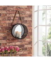 Danya B. Round Mirror Pillar Candle Sconce with Filigree Metal Frame