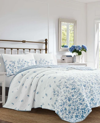 Laura Ashley Flora Cotton Reversible 3 Piece Quilt Set, Full/Queen