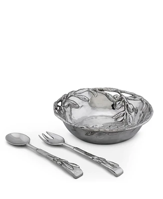 Arthur Court Sand-Cast Aluminum Salad Set, Olive Pattern, 3 Pieces Bowl Plus 2 Servers
