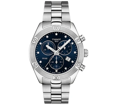 Tissot Women's Swiss Chronograph T-Classic Pr 100 Diamond (1/20 ct. t.w.) Gray Stainless Steel Bracelet Watch 38mm