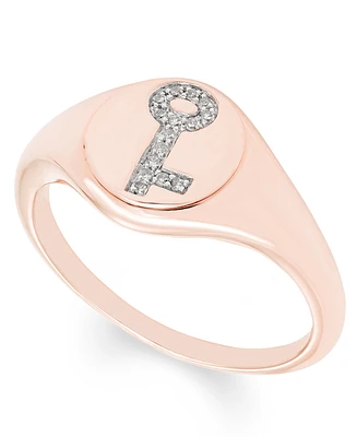 Diamond (1/20 ct. t.w.) Key Signet Ring in 14k Yellow or Rose Gold