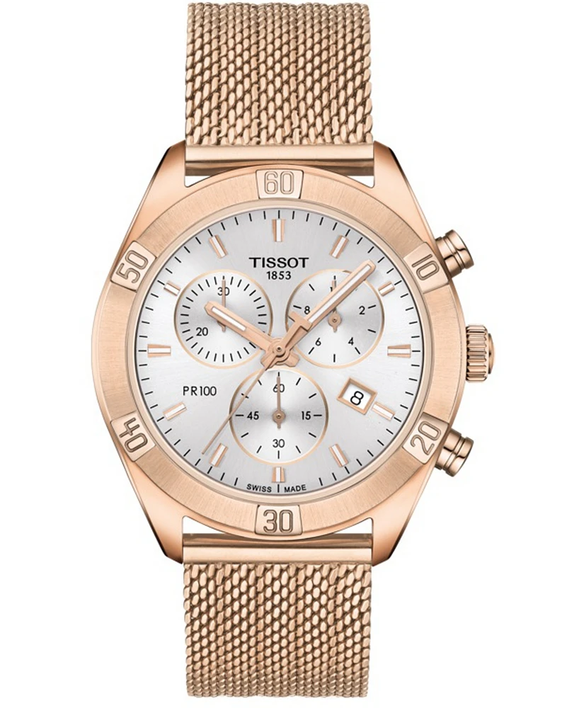 Tissot Women's Swiss Chronograph Pr 100 Sport Chic T-Classic Rose Gold-Tone Stainless Steel Mesh Bracelet Watch 38mm