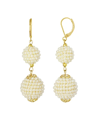 2028 Gold-Tone Double Seeded Imitation Pearl Drop Ball Earrings