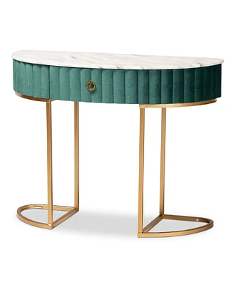 Beale Luxe and Glam Velvet Upholstered 1-Drawer Console Table with Faux Marble Tabletop