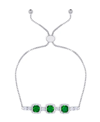 Simulated Emerald/Cubic Zirconia Cushion Adjustable Bolo Bracelet in Silver Plate