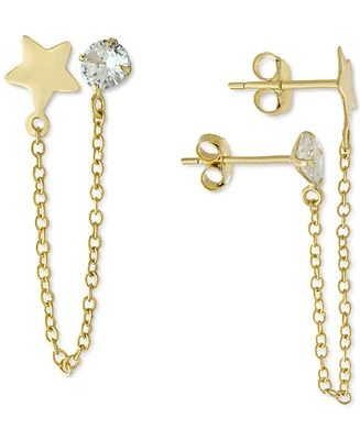 Giani Bernini Cubic Zirconia & Star Double Pierced Chain Drop Earrings in Gold-Plated Sterling Silver, Created for Macy's