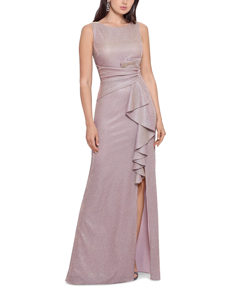 Betsy & Adam Ruffled-Front Glitter Gown