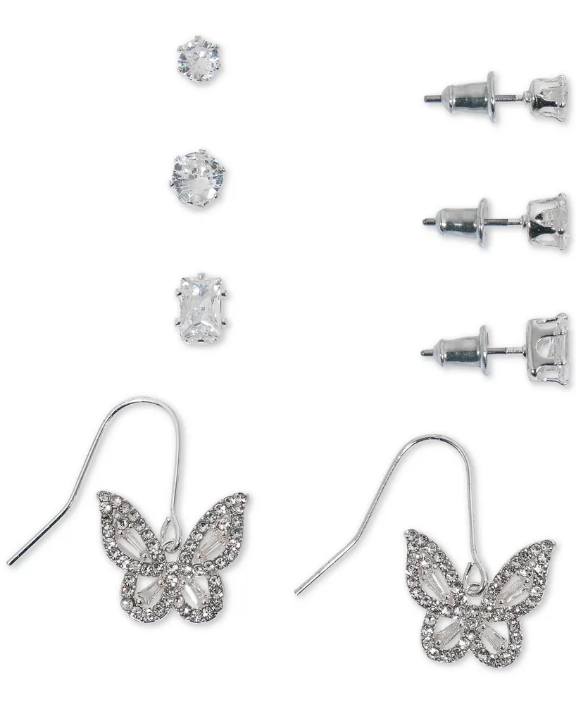 4-Pc. Set Cubic Zirconia Stud & Butterfly Drop Earrings in Silver Plate