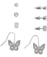 4-Pc. Set Cubic Zirconia Stud & Butterfly Drop Earrings in Silver Plate