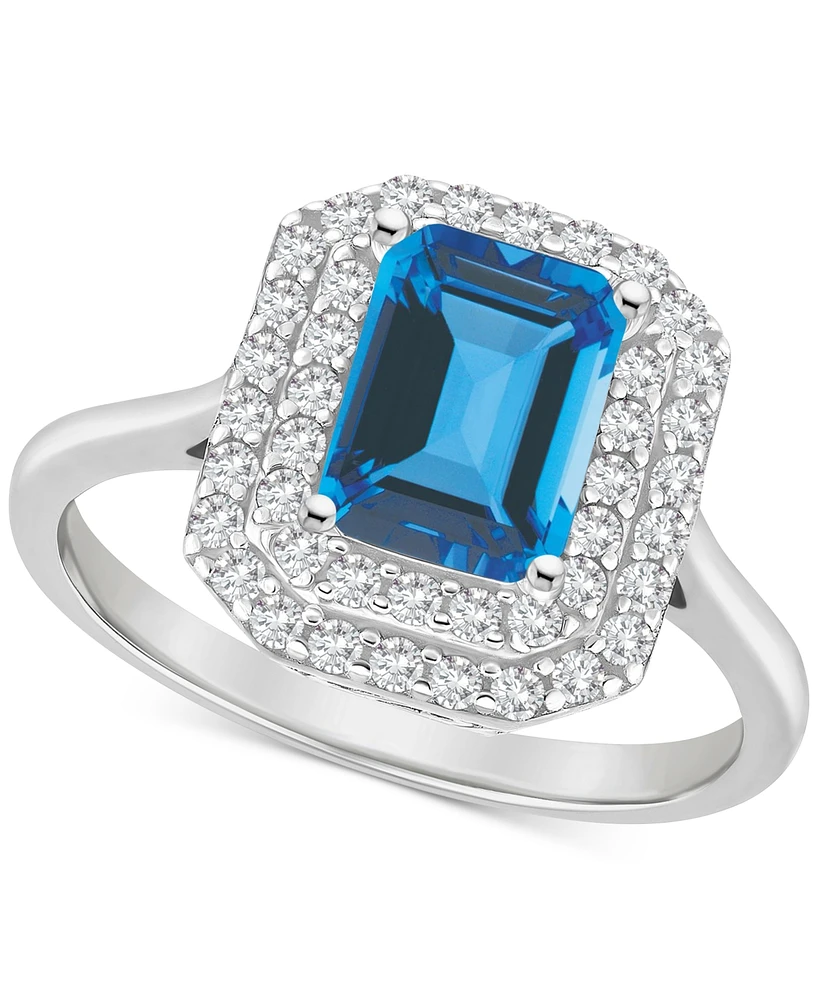 Rhodolite Garnet (2 ct. t.w.) & White Topaz (1/2 Rectangle Halo Ring Sterling Silver (Also Peridot, Citrine, Amethyst, Blue Topaz)
