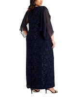 Connected Plus Size Sheer-Sleeve Lace Gown