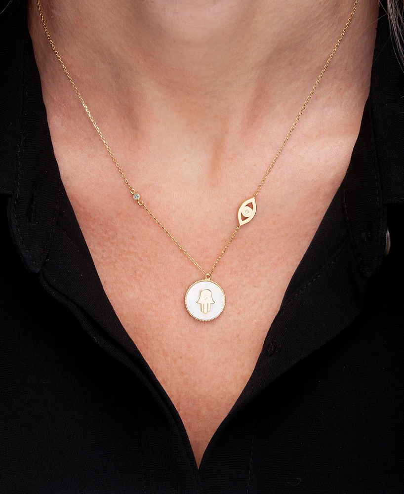 Mother-of-Pearl (10mm) & Cubic Zirconia Hamsa Hand Evil Eye Pendant Necklace 14k Gold-Plated Sterling Silver, 16" + 2" extender
