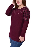 Plus Size Long Sleeve Knit with Print Shoulder Insets Top