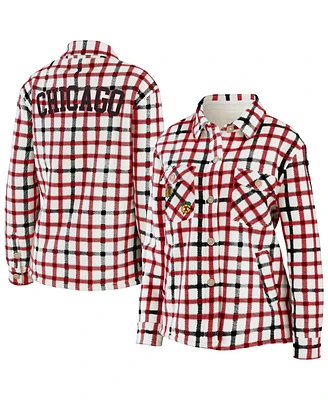Women's Wear by Erin Andrews Oatmeal Chicago Blackhawks Plaid Button-Up Shirt Jacket