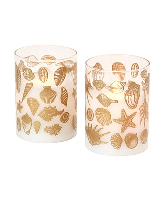 Battery Operated Seashells Led Glass Candles with Moving Flame, Set of 2
