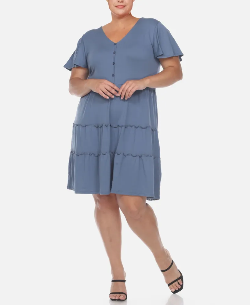 White Mark Plus Short Sleeve V-neck Tiered Midi Dress