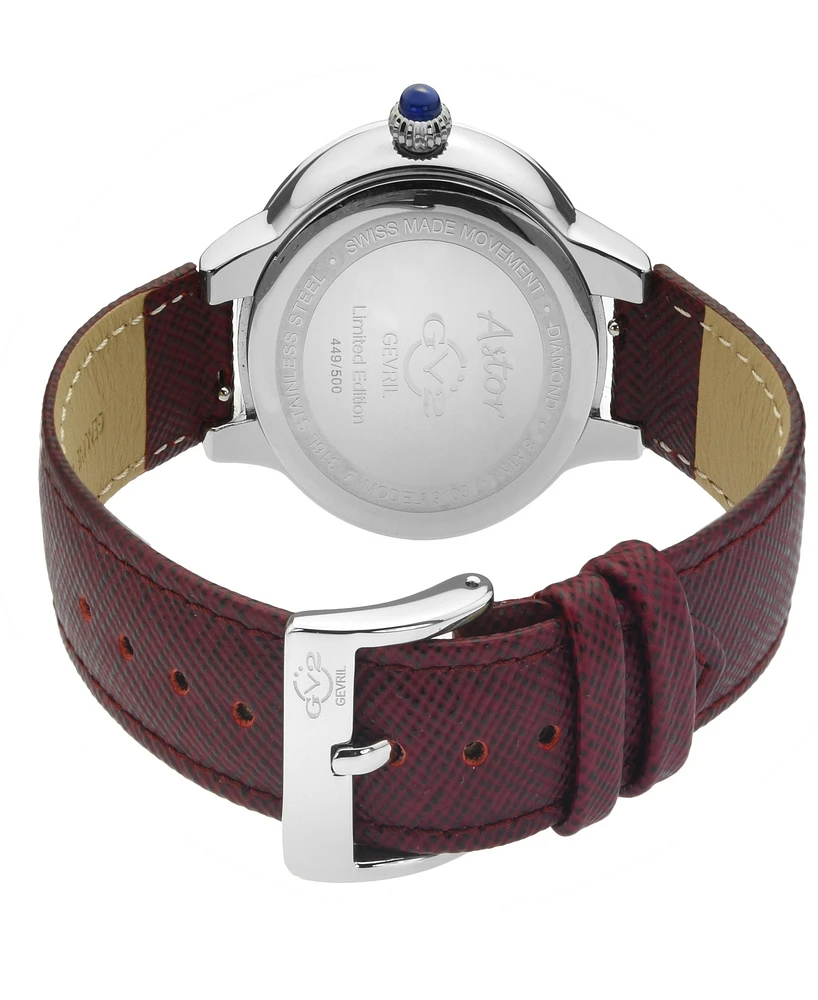 Gevril Women's Astor Swiss Quartz Burgundy Genuine Leather Strap Watch 40mm