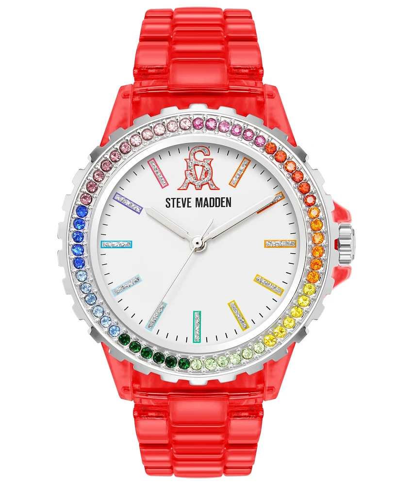 Steve Madden Women's Analog Transparent Red Plastic with Rainbow Crystal Bracelet Watch, 40mm