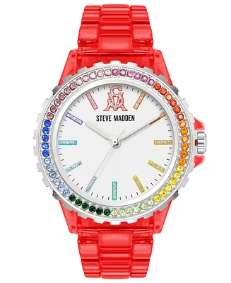 Steve Madden Women's Analog Transparent Red Plastic with Rainbow Crystal Bracelet Watch, 40mm