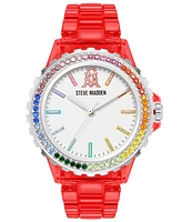 Steve Madden Women's Analog Transparent Red Plastic with Rainbow Crystal Bracelet Watch, 40mm