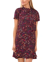 CeCe Women's Short Sleeve Printed Godet Dress With Bow Neck
